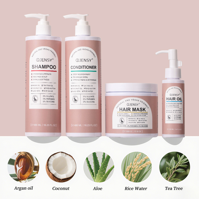 Wholesale Hair Care Products Supplier Vegan Natural Shampoo Set Aloe Organic Tea Tree Argan Oil Rice Private Label Hair Products