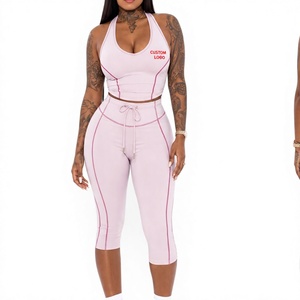 Custom Logo Women Light Pink Halter Neck Crop Top and High Waist Drawstring <b>Capri</b> <b>Leggings</b> Set Women Two Piece Seamless Set - Product Image 1
