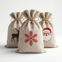 Sac en coton et lin en gros pour Noël, avec cordon de serrage, écologique, motif Père Noël, renne, flocon de neige, pochette cadeau haute capacité