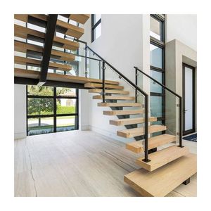 Customized Wooden <strong>Ladders</strong> Mono Stringer Stairs Glass Railing Staircase Used for Villa House - Product Image 2