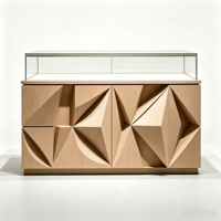 Vitrine moderne 3D géométrique effet bois avec auvent en verre et base de rangement pour boutique de luxe