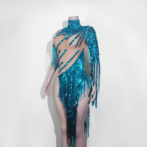 Justaucorps sirène <span class=keywords><strong>Aqua</strong></span> Glamour turquoise à sequins et franges découpées pour la danse de salon, la danse latine, la samba, les spectacles sur scène et les divas - Product Image 4