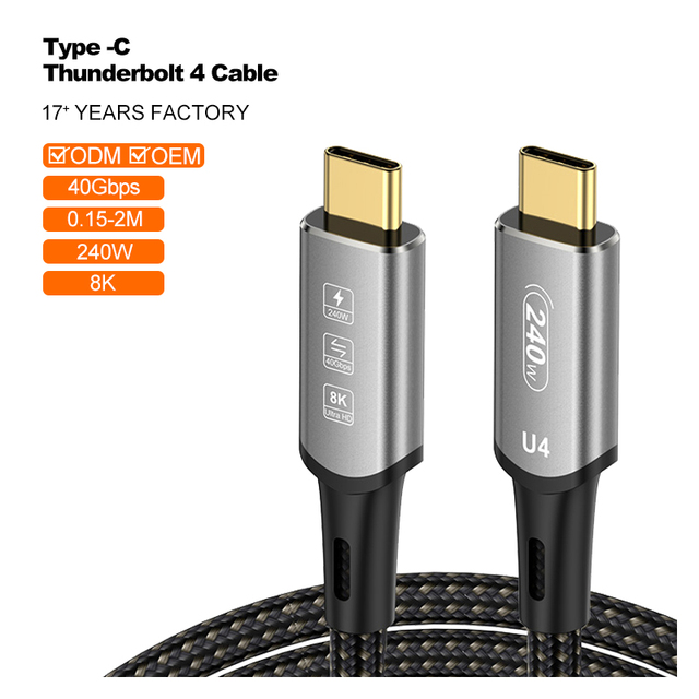 PD 240W USB4 Thunderbolt 4 Cable Type-C Fast Charging 8K 40G Resolution High Microphone Cotton Braid Mesh for Monitor