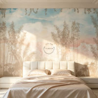 Papier peint mural auto-adhésif imperméable, paysage bleu ciel rose doux, silhouette de plantes tropicales, pour décoration de salon et de chambre à coucher