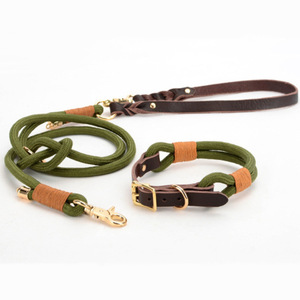 Adjustable Olive Green Rope <b>Dog</b> Leash and Collar Set with Brown <b>Leather</b> Handles - Product Image 1