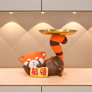 Cute Red Panda Resin Figurine With Tray Decorative Home Desktop Feng Shui Ornament Chinese New Year Gift - Product Image 1