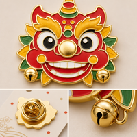 Broche en émail souple 3D Tête de Lion Danseur avec clochettes dorées et impression UV, Bijou du Nouvel An Chinois, Épingles de revers, Badge métallique personnalisé, Vente en gros