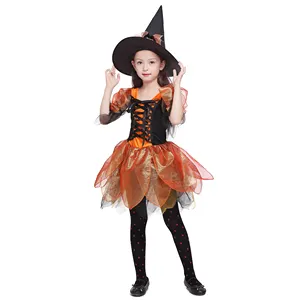Costume de sorcière Cosplay pour enfants, ensemble de fête d'halloween, robe de sorcière avec chapeau, 2021