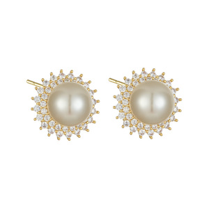 Faux Pearl Stud Earrings With Micro Insert Zircon Flower Shape 925 Silver <b>Post</b> Party Jewelry - Product Image 5