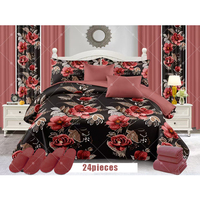 Ensemble de Literie de Mariage de Luxe 3D 24 Pièces en Gros, Dessus de Lit avec Garnissage en Coton, Couette Rouge et Jeu de Draps avec Rideaux