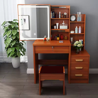 Table de maquillage moderne et mobile à 4 tiroirs avec miroir éclairé par LED et tabouret rembourré pour chambre à coucher ou hôtel, en bois