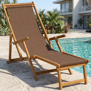 Chaise longue inclinable d'extérieur en teck, tissu brun, réglable, pour patio, bord de piscine, hôtel, resort, villa - Product Image 3