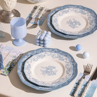Franse Retro Blauwe Bloemmotief BPA-Vrije Bone China Serviesset - Elegante Keramische Borden, Schalen en Tafelgerei Cadeausets