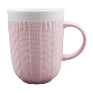 High Quality wholesale for marriage new bone china ceramic knitted pattern mug with pink color
