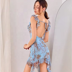 D & M, новое дизайнерское облегающее мини-платье с V-образным вырезом и открытой спиной, повседневные платья с кисточками, женское летнее повседневное платье мини с цветочным принтом на заказ - Product Image 2