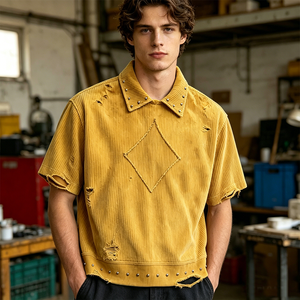 OEM ODM Custom Logo Men Corduroy Distressed Ripped Polo <b>Shirt</b> Rivet Studs <b>Patchwork</b> Boxy Cropped Streetwear Short Sleeve Top - Product Image 3