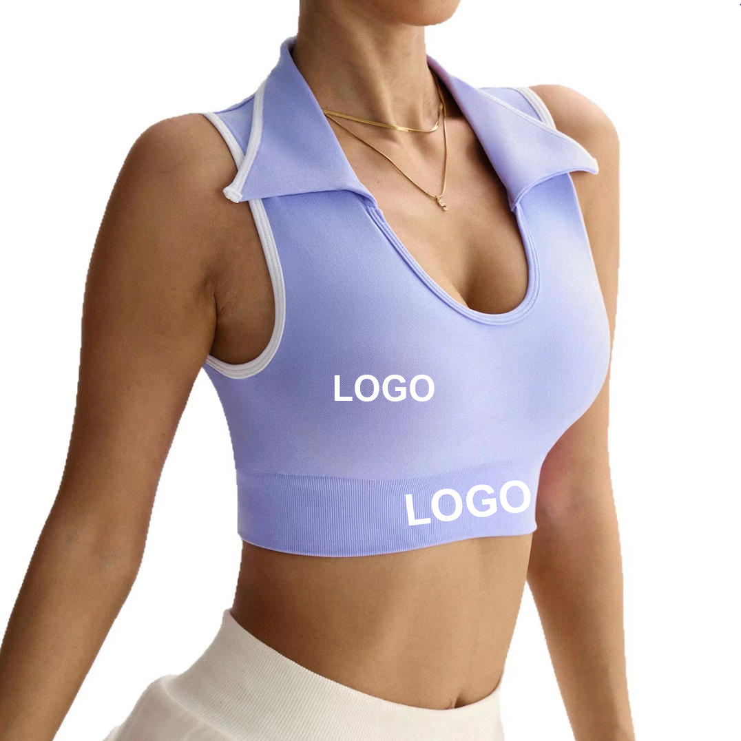 Women's Lapel Hollow Back Yoga Top Quick Dry Sleeveless Color Blocking Knitted Tight Sports Top