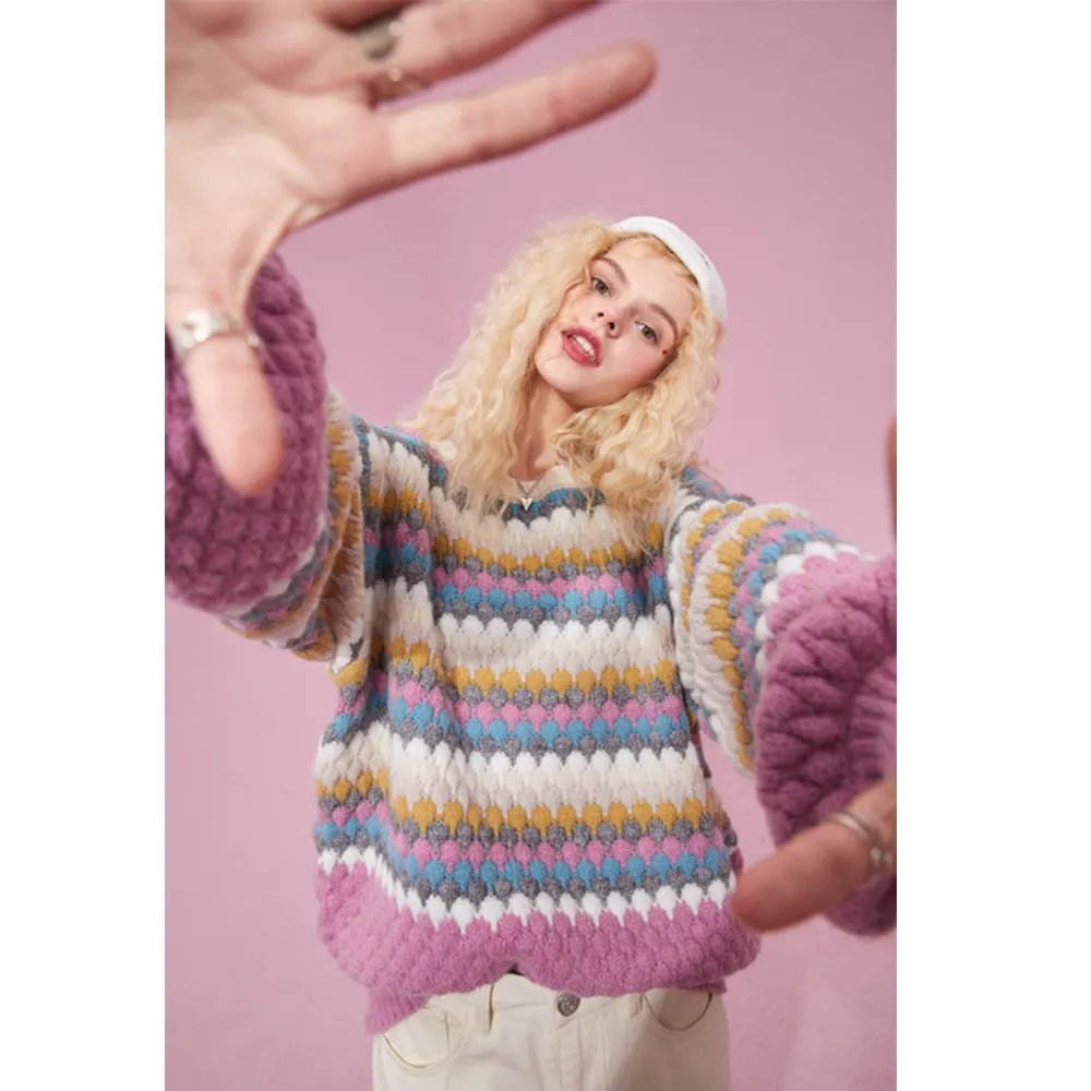 VSCOO women knitting pullover loose color block rainbow sweet long sleeve crew neck aesthetic soft girl colorful striped sweater