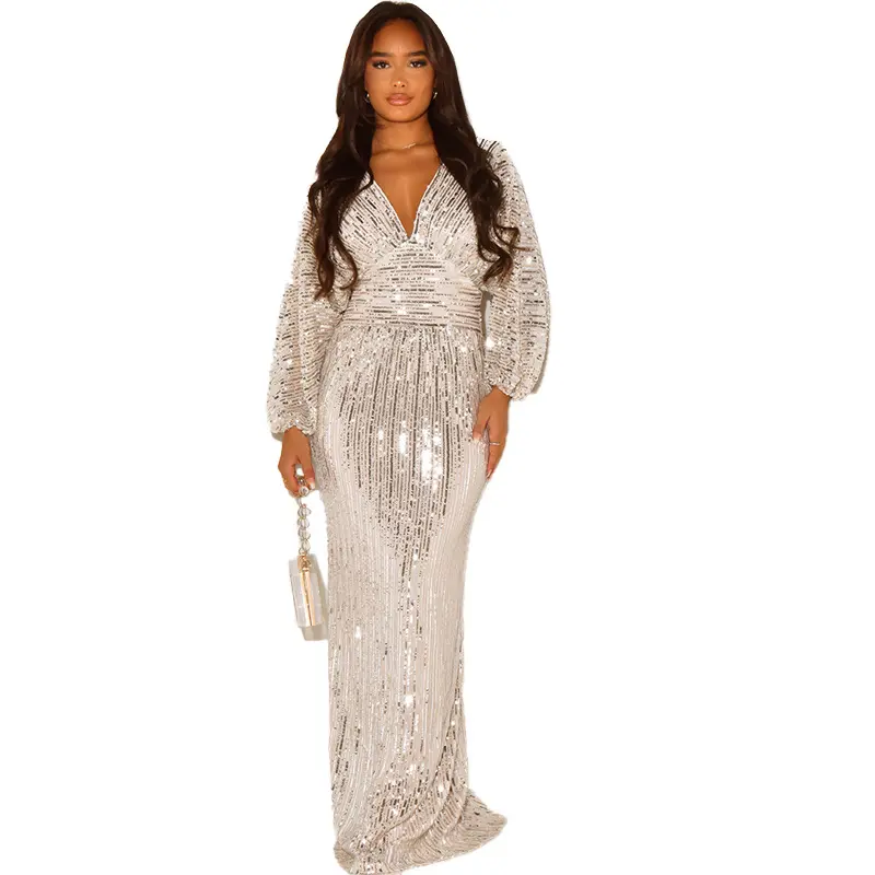 2024 New Fashion Women Sexy V-neck Puff Long Sleeve Sequined Slim Waist Long Dress Lady Evening Party Dress