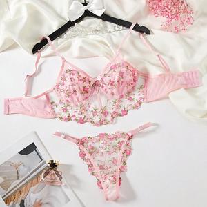 Coloré Floral Dentelle Maille Tissu Jarretelles Soutien-Gorge Respirant Réglable Mince Sangle <span class=keywords><strong>Taille</strong></span> <span class=keywords><strong>Basse</strong></span> String Brodé Transparent Sexy Chaud - Product Image 3