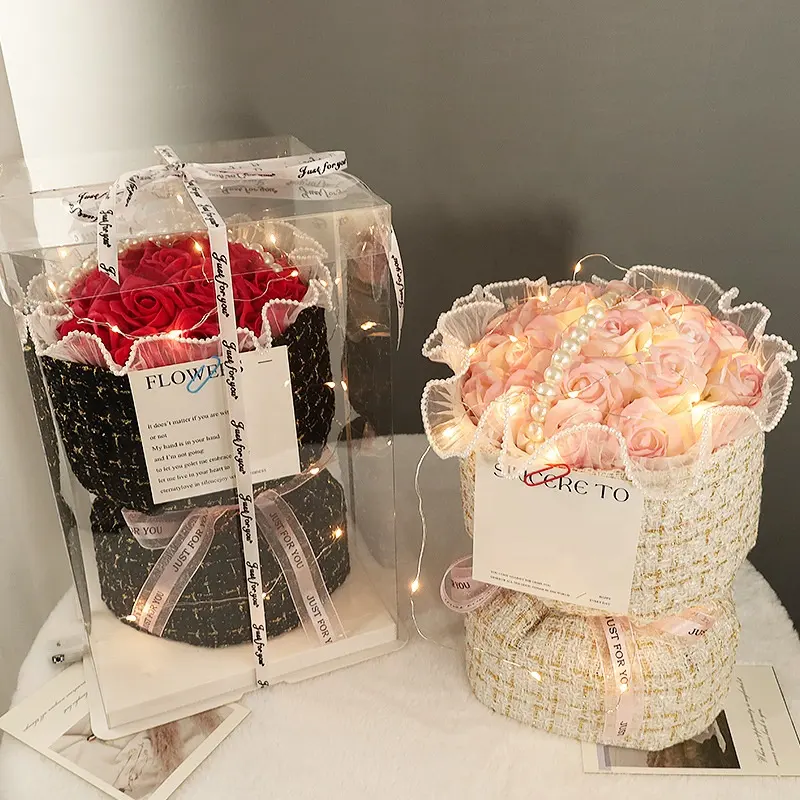 टी सी थोक सफेद गर्म गुलाबी टाई-डाई साबुन फूल शादी की सजावट 19 पीसी के नेतृत्व में हल्के कृत्रिम रेशम गुलाब गुलदस्ते उपहार बॉक्स के साथ