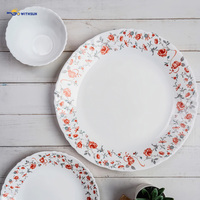 Service de table 27 pièces en verre opale trempé, bord festonné, imprimé floral rouge, pour la maison, les repas quotidiens en famille, les dîners et les occasions spéciales.