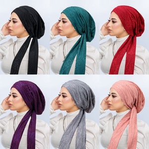 Gorro Turbante <span class=keywords><strong>de</strong></span> Doble Capa con Encaje y Cola Larga para <span class=keywords><strong>Mujer</strong></span>, Pañuelo Elástico <span class=keywords><strong>de</strong></span> Color Sólido y Gorro Interior para Hiyab con Lazos Ajustables - Product Image 4