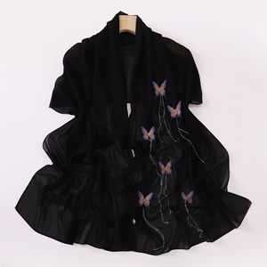 Bufanda larga de gasa de un solo color hecha a mano con borla de cadena de mariposa, chal fino e informal de 70*170cm para mujer - Product Image 3