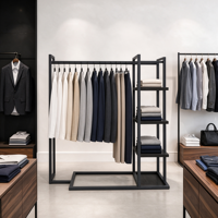 Porte-vêtements en métal noir en forme de L avec barre de suspension, étagères latérales et base en U sur mesure
