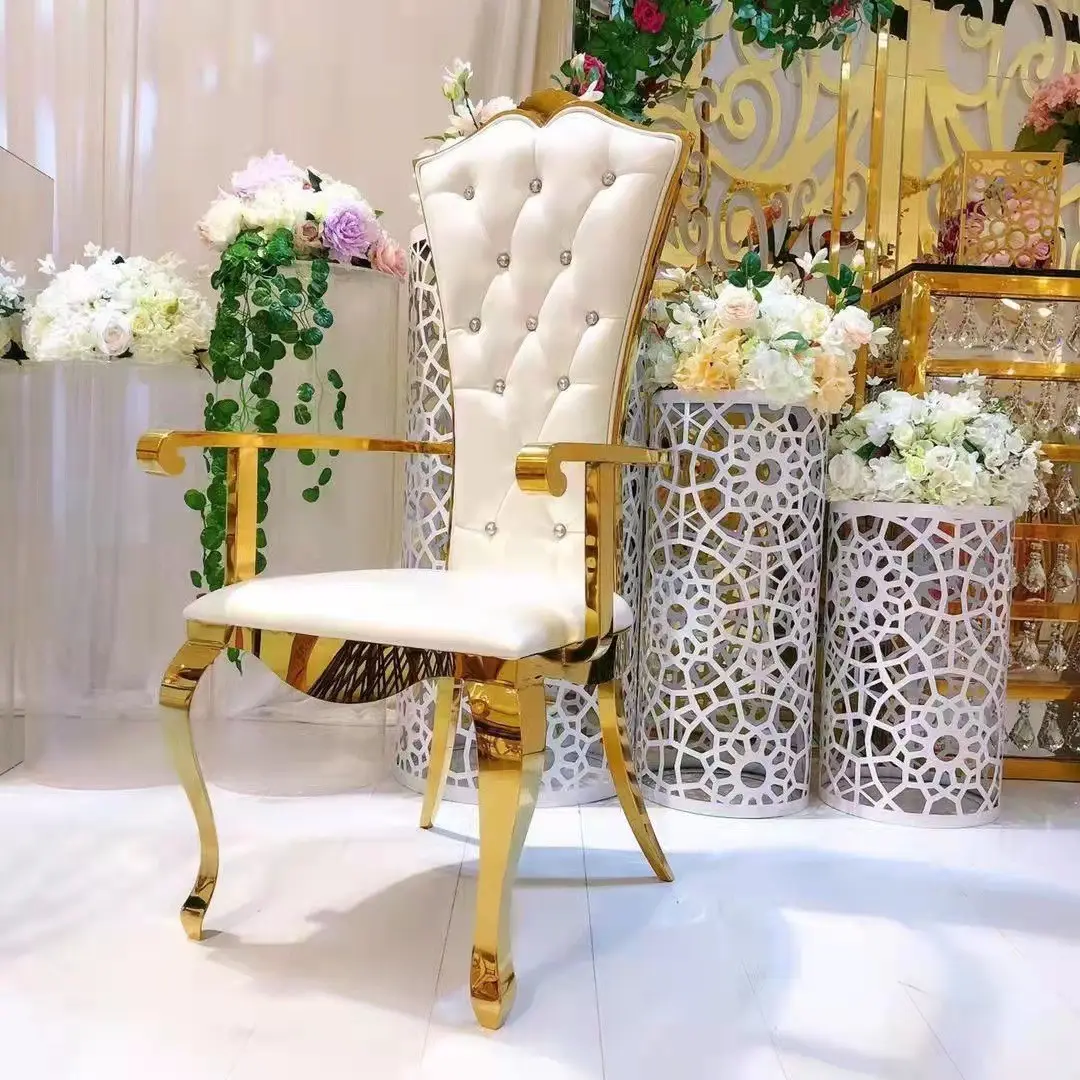 wholesale Modern Luxury Gold Leather Chair with Stainless Steel Armrest Throne Dining Chair for Bridal Groom for Wedding Events