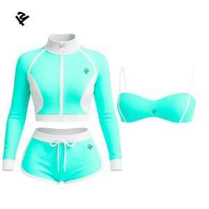 Completo Sportivo Corto Personalizzato a Tre Pezzi con Top, Giacca con Zip e <span class=keywords><strong>Pantaloncini</strong></span> da Yoga di Alta Qualità per <span class=keywords><strong>Donna</strong></span> - Product Image 4