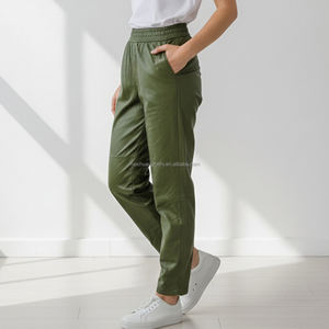 Custom Olive Green Faux Leather <strong>Trousers</strong> for Women Casual Office Bottoms Pants <strong>Ladies</strong> - Product Image 2