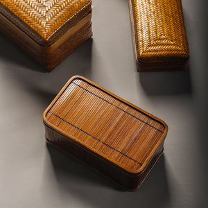 Caja rectangular pequeña de bambú tejida a mano para ceremonia del té, joyas, antiguos, color envejecido - Product Image 4
