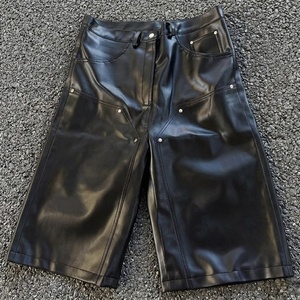 Men's Black <b>PU</b> Coated Bermuda <b>Shorts</b> High Waist Moto Biker Style With Pockets Button Fly Solid Color Woven Fabric - Product Image 3