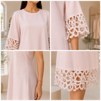 Robe Courte Femme Tendance Élégante à Manches Mi-Longues avec Découpes Laser et Dentelle Florale, Coupe Droite Évasée, Idéale pour l'Été et le Quotidien