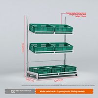 Zware mobiele metalen ijzeren displayrek met wielen, rollende fruit- en groentenrek, opvouwbare plastic manden voor winkels
