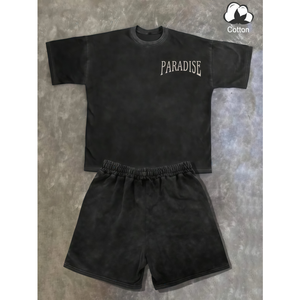 Ensemble de survêtement d'été deux pièces pour homme avec broderie chenille personnalisée, t-shirt à manches courtes zippé et short de couleur unie - Product Image 5