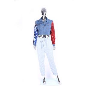 <span class=keywords><strong>Giacca</strong></span> di Jeans Crop blu a manica <span class=keywords><strong>lunga</strong></span> con <span class=keywords><strong>paillettes</strong></span> con colore a contrasto personalizzato con Design DENIM per donna - Product Image 4