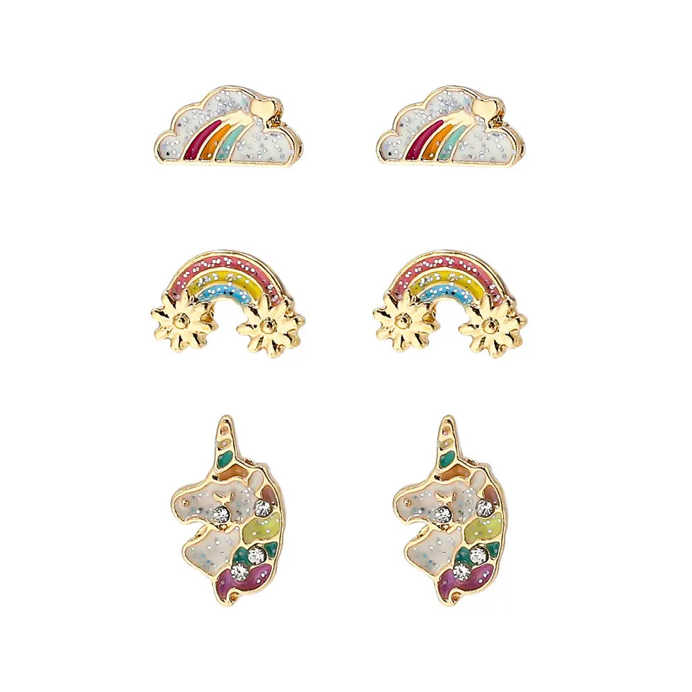 뜨거운 판매 패션 쥬얼리 3 짝/대 귀여운 작은 무지개 유니콘 구름 스터드 귀걸이 어린이