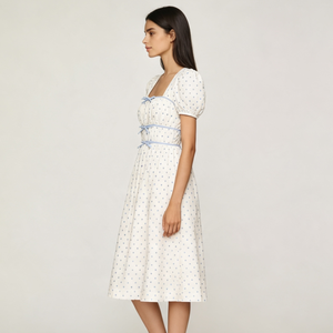 <span class=keywords><strong>Robe</strong></span> midi pour femme, blanche et bleue à pois, manches bouffantes, col carré, taille nouée, style vintage français, longueur thé - Product Image 2
