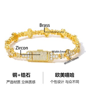 Bracelet chaîne fleur croisée 10MM plaqué or 18K micro-pavé CZ Iced Out, bijou tendance hip-hop, cadeau - Product Image 3