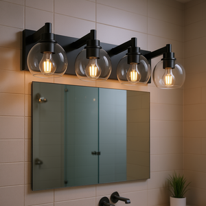 Luminaire de salle de bain industriel à 4 lumières, base en métal noir mat, abat-jour en verre transparent, lampe de miroir LED blanc chaud - Product Image 2