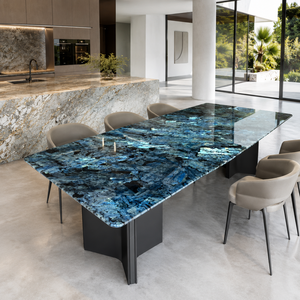 Customized Dining <b>Table</b> Rechtangle <b>Top</b> Modern Villa 8~10 Seater Metal Legs <b>Stone</b> Furniture Luxury Lemurian Blue - Product Image 1