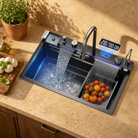Évier de cuisine moderne en acier inoxydable nano avec robinet cascade à affichage numérique intelligent et lave-tasses, évier multifonctionnel