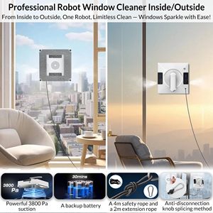 Robot nettoyeur de vitres avec 4 réservoirs d'eau, pulvérisation automatique, contrôle par application, compatible avec les vitres sans cadre - Product Image 3