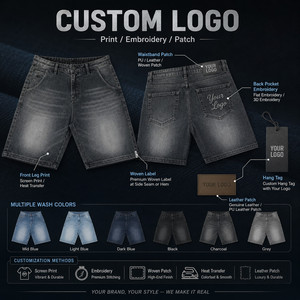 Shorts en <span class=keywords><strong>jean</strong></span> rétro américains pour hommes avec logo personnalisé OEM, ourlet brut, coupe ample, fabriqués par une usine professionnelle, shorts délavés - Product Image 2