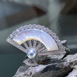 Broche en forme d'éventail avec perle de culture Akoya <span class=keywords><strong>Madama</strong></span> de 8-9 mm, entièrement pavée, style vintage, pour manteau, écharpe, bijou - Product Image 3