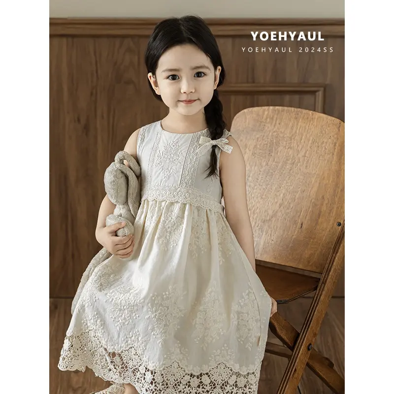 YOEHYAUL CX0014 été sans manches enfants robe en gros Logo personnalisé enfant en bas âge 1 an filles coton été Beige robe