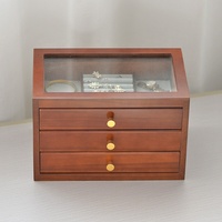 Boîte à bijoux en bois avec couvercle en verre pour cadeaux de Noël, organiseur de bijoux à 3 niveaux avec 3 tiroirs pour colliers, bagues, montres