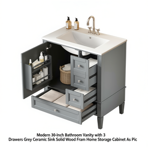 Meuble de salle de bain moderne de 30 pouces avec 3 tiroirs, lavabo en céramique gris, structure en bois massif, armoire de rangement - Product Image 1